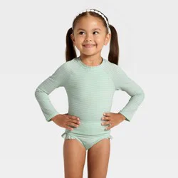 Toddler Girls' Long Sleeve Two Piece Ribbed Rash Guard Swimsuit Set - Cat & Jack™ Aqua 2T