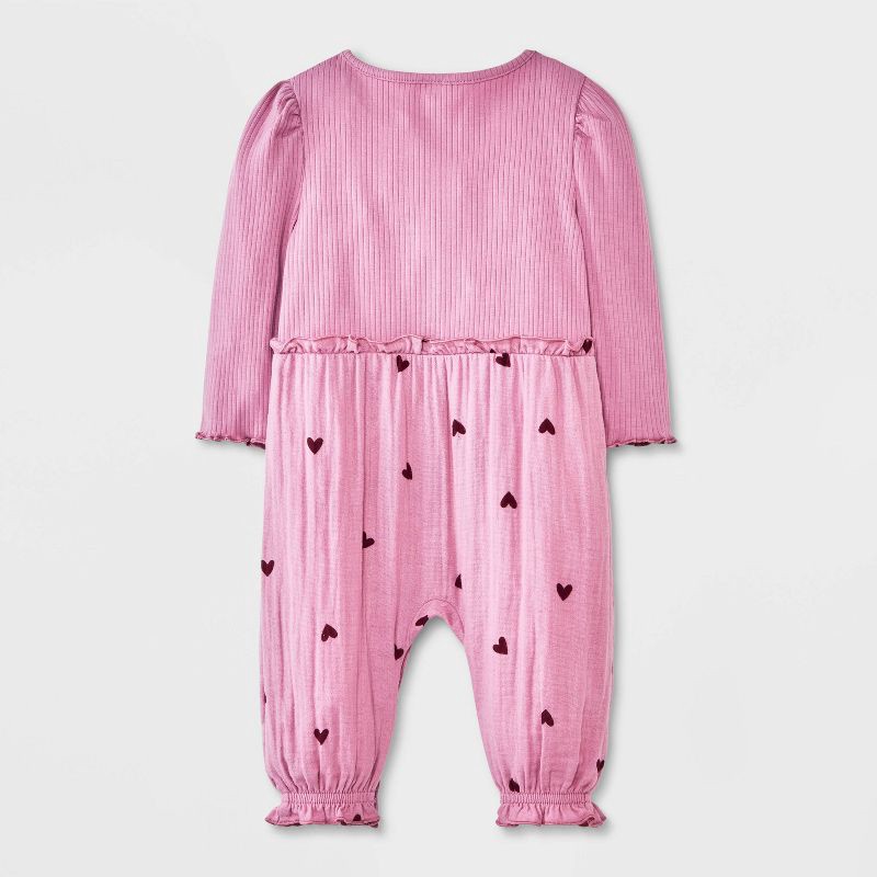 slide 4 of 4, Baby Girls' Hearts Ribbed Long Sleeve Romper - Cat & Jack™ Pink Newborn, 1 ct