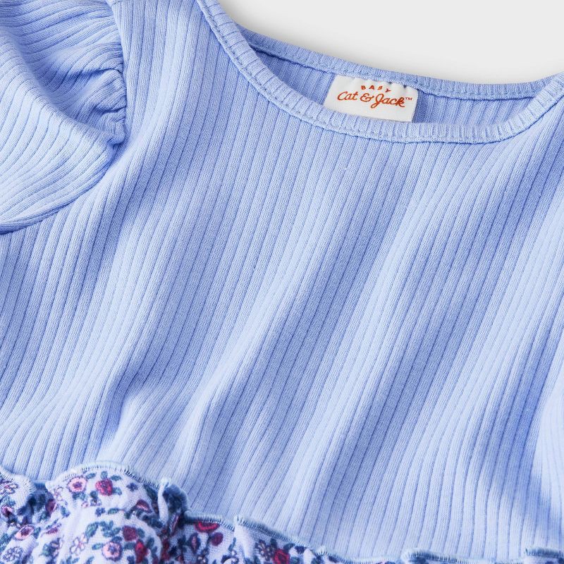 slide 3 of 4, Baby Girls' Floral Ribbed Long Sleeve Romper - Cat & Jack™ Blue 3-6M, 1 ct