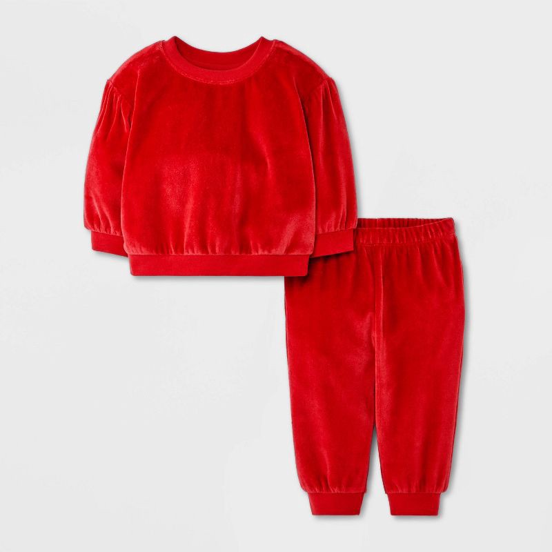 slide 1 of 4, Baby Girls' 2pc Cozy Velour Sweatshirt and Jogger Pants Set - Cat & Jack™ Red 18M, 2 ct
