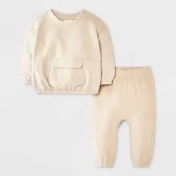 Baby Boys' 2pc Fleece Sweatshirt and Jogger Pants Set - Cat & Jack™ Tan 6-9M