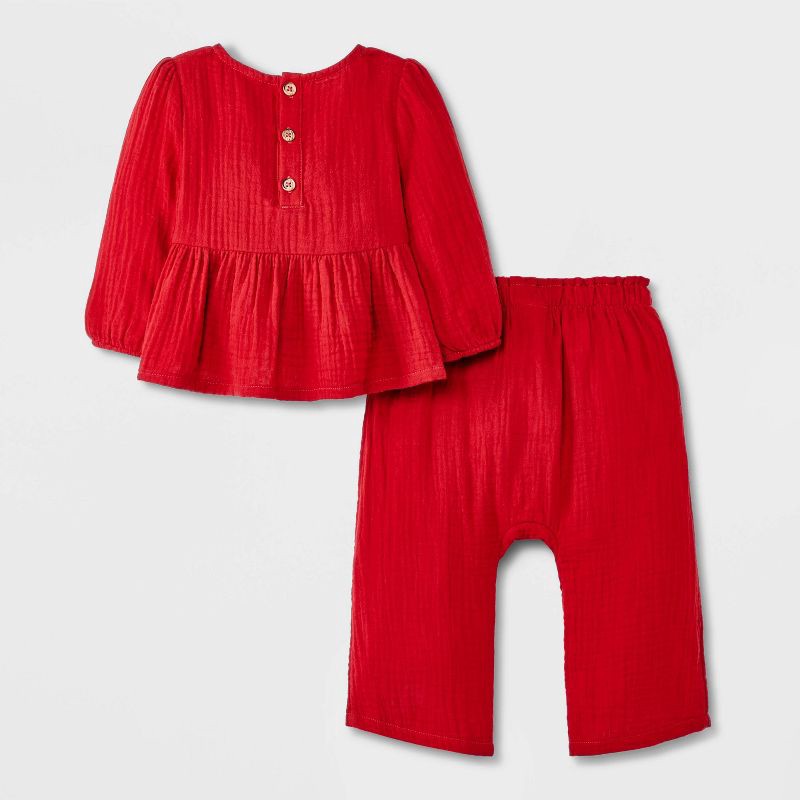 slide 3 of 4, Baby Girls' 2pc Gauze Peplum Shirt and Pants Set - Cat & Jack™ Red 3-6M, 2 ct