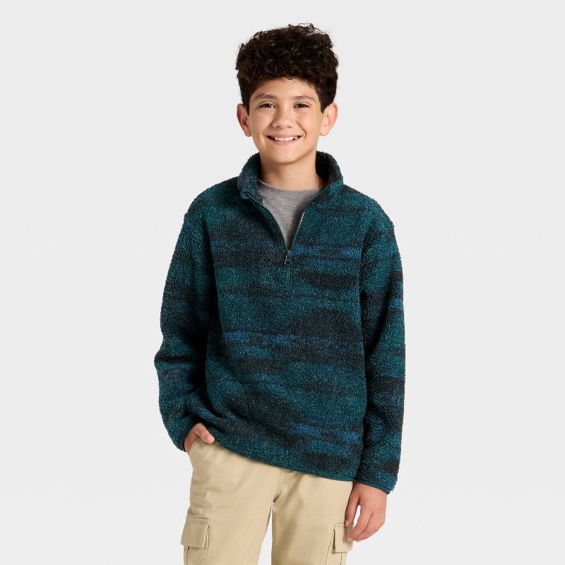 slide 1 of 3, Boys' Abstract Printed Faux Shearling Quarter Zip Jacket - Cat & Jack™ Blue XS, 1 ct
