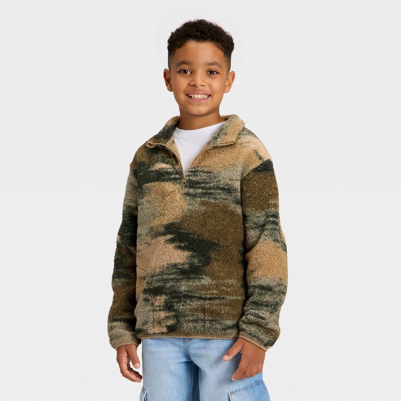 slide 1 of 3, Boys' Abstract Printed Faux Shearling Quarter Zip Jacket - Cat & Jack™ Olive Green L, 1 ct