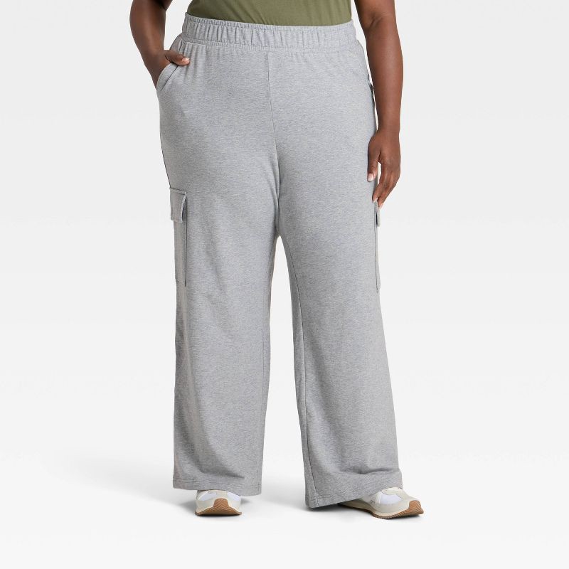 slide 1 of 3, Women's High-Rise French Terry Wide Leg Cargo Pants - Ava & Viv™ Heather Gray 3X, 1 ct