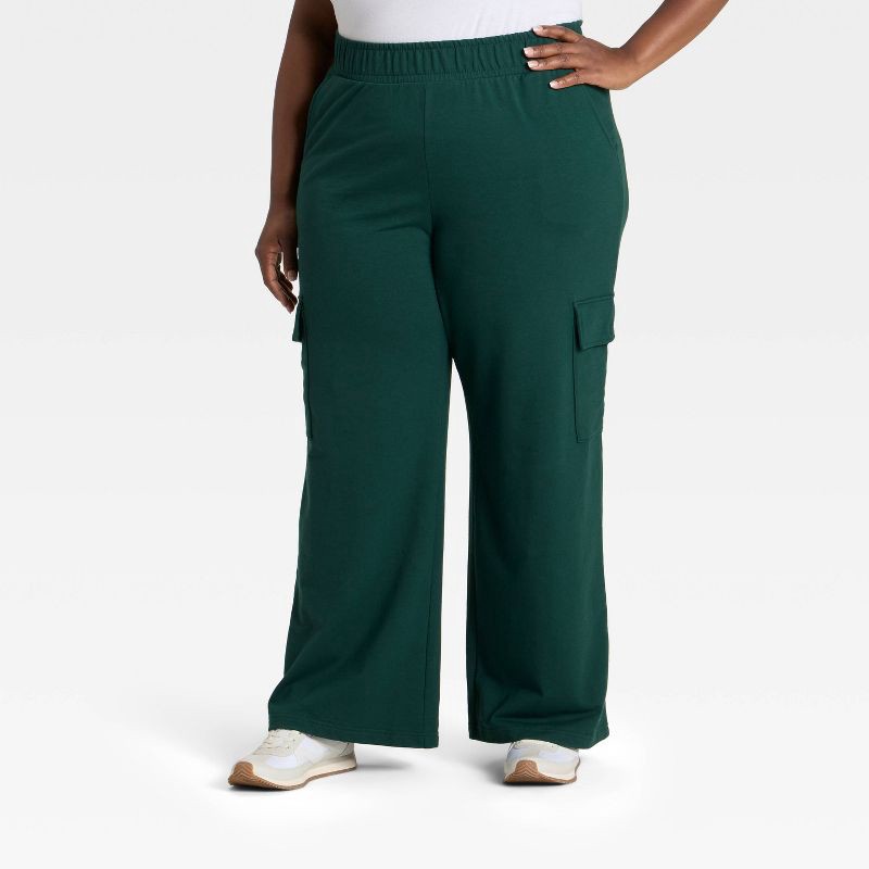 slide 1 of 3, Women's High-Rise French Terry Wide Leg Cargo Pants - Ava & Viv™ Green 1X, 1 ct