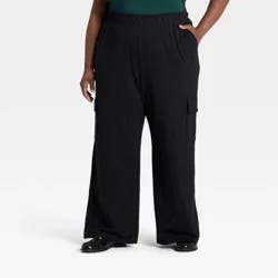 Women's High-Rise French Terry Wide Leg Cargo Pants - Ava & Viv™ Black 1X