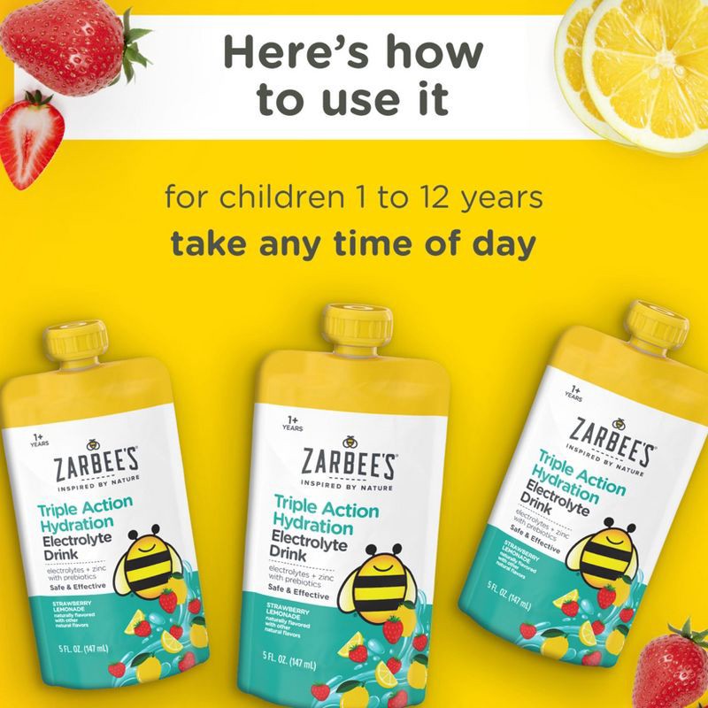 slide 6 of 12, Zarbee's Triple Action Liquid Hydration Pouches - Strawberry Lemonade - 5 fl oz/3ct, 5 fl oz, 3 ct