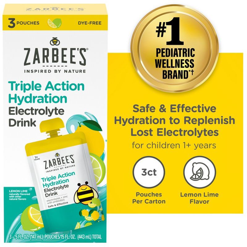 slide 13 of 13, Zarbee's Triple Action Liquid Hydration Pouches - Lemon Lime - 5 fl oz/3ct, 5 fl oz, 3 ct