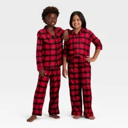 Kids' Plaid Long Sleeve Shirt and Pants Holiday Matching Family Pajama Set - Wondershop™ Red/Black S
