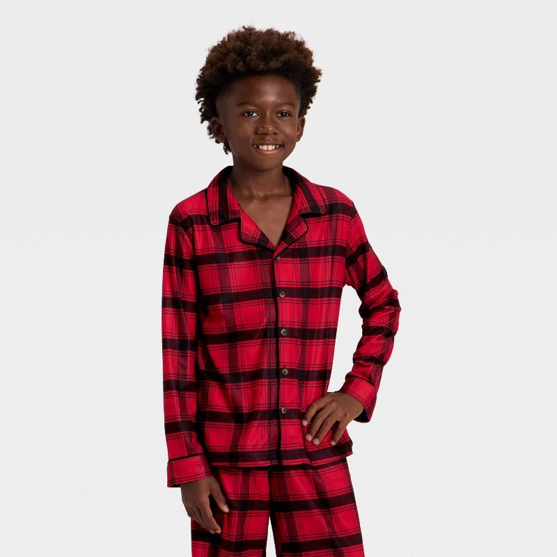 slide 3 of 5, Kids' Plaid Long Sleeve Shirt and Pants Holiday Matching Family Pajama Set - Wondershop™ Red/Black M, 1 ct