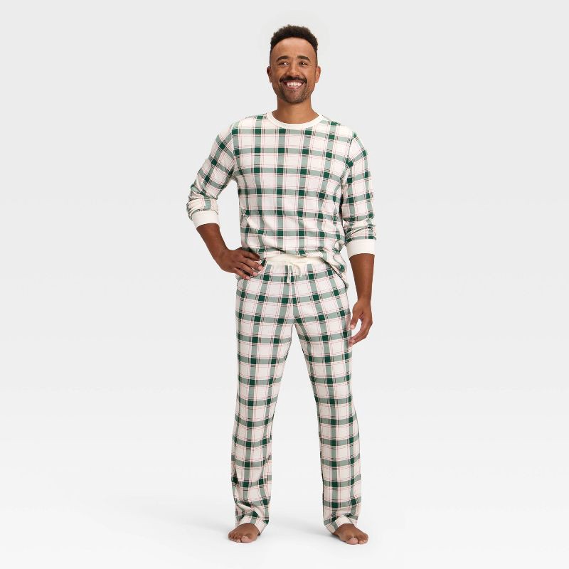 slide 3 of 4, Men's Plaid Ribbed Holiday Matching Family Pajama Pants - Wondershop™ Cream S, 1 ct