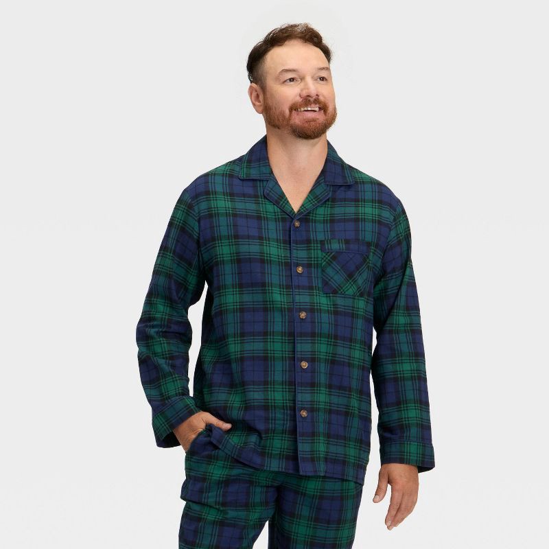 slide 3 of 4, Men's Plaid Flannel Long Sleeve Shirt and Pants Holiday Matching Family Pajama Set - Wondershop™ Navy Blue S, 1 ct