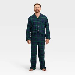 Men's Plaid Flannel Long Sleeve Shirt and Pants Holiday Matching Family Pajama Set - Wondershop™ Navy Blue M