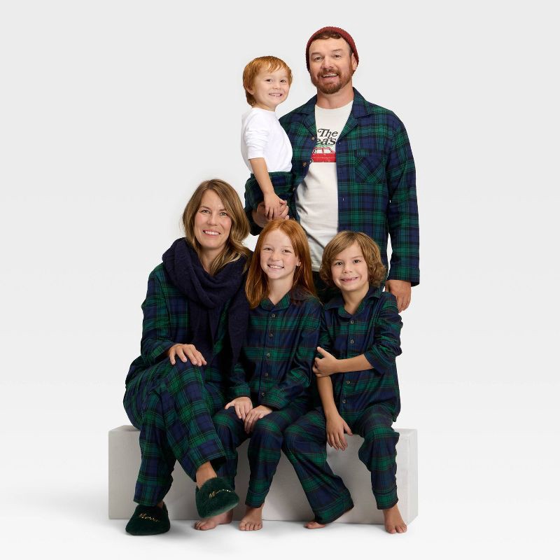 slide 4 of 4, Men's Plaid Flannel Long Sleeve Shirt and Pants Holiday Matching Family Pajama Set - Wondershop™ Navy Blue L, 1 ct