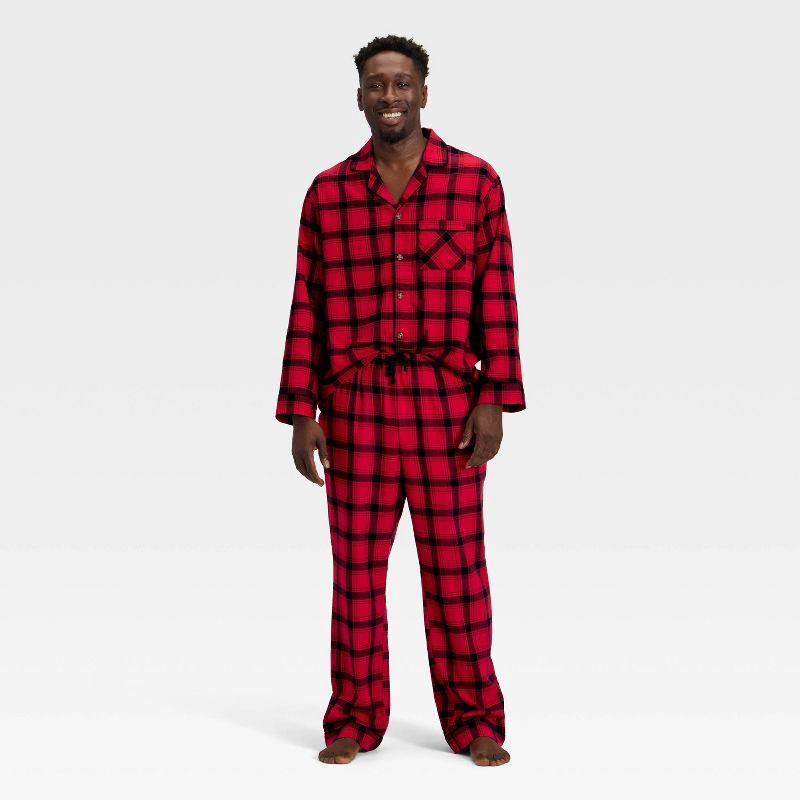 slide 1 of 4, Men's Plaid Flannel Long Sleeve Shirt and Pants Holiday Matching Family Pajama Set - Wondershop™ Red/Black XL, 1 ct