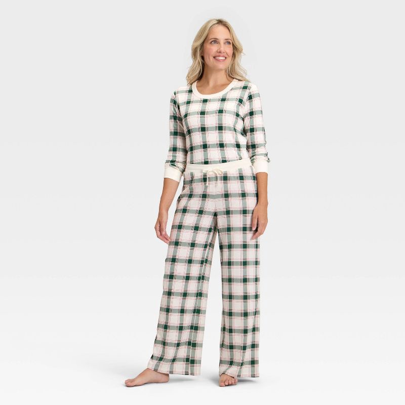 slide 3 of 4, Women's Plaid Ribbed Holiday Matching Family Pajama Pants - Wondershop™ Cream XL, 1 ct
