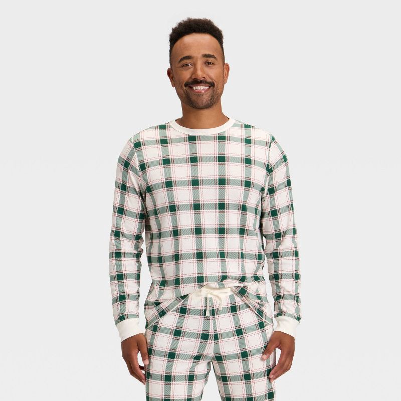 slide 1 of 4, Men's Plaid Ribbed Long Sleeve Holiday Matching Family Pajama Shirt - Wondershop™ Cream XL, 1 ct