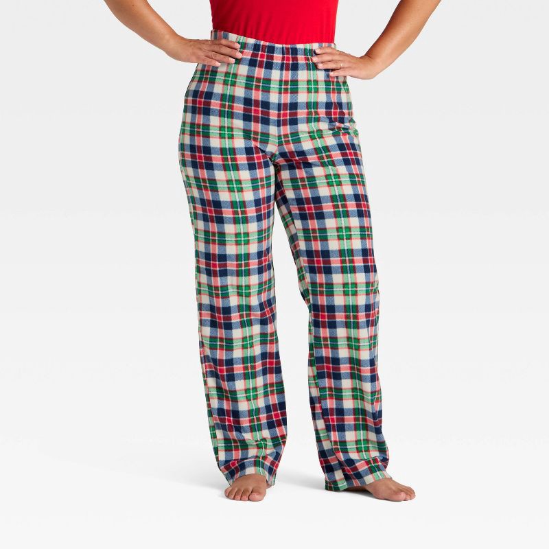 slide 1 of 4, Women's Plaid Microfleece Holiday Matching Family Pajama Pants - Wondershop™ Cream XS, 1 ct