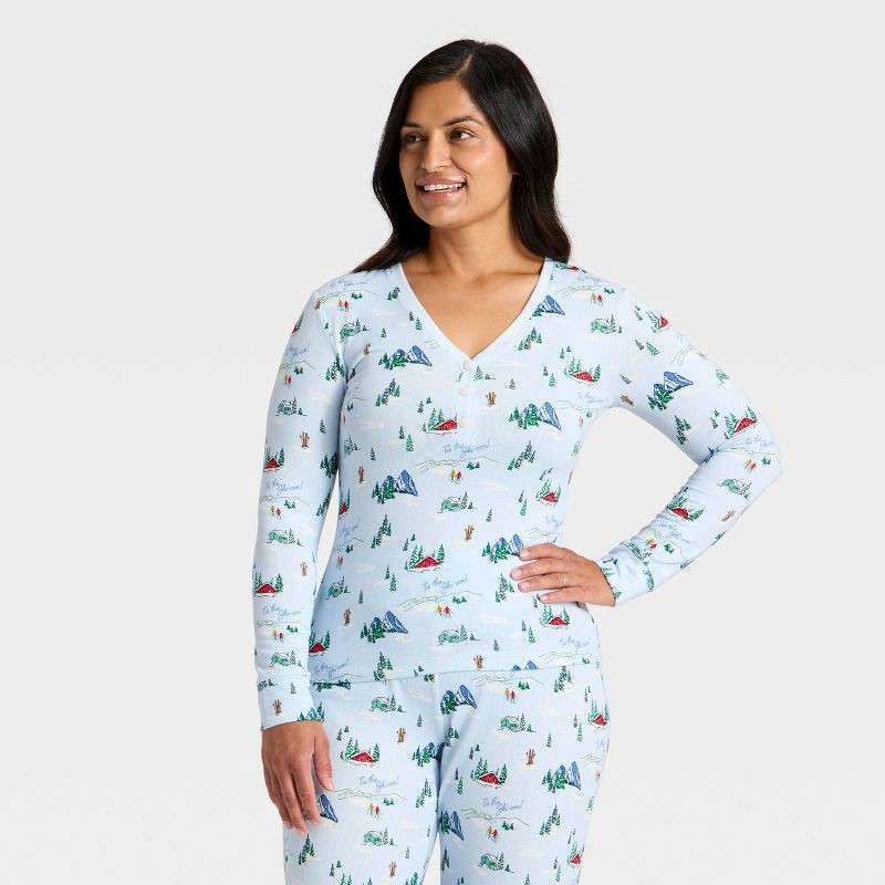 slide 1 of 4, Women's "Tis the Ski-son!" Cozy Knit Long Sleeve Henley Holiday Matching Family Pajama Shirt - Wondershop™ Blue XS, 1 ct