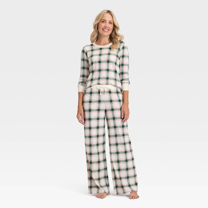 slide 3 of 4, Women's Plaid Ribbed Long Sleeve Holiday Matching Family Pajama Shirt - Wondershop™ Cream XS, 1 ct
