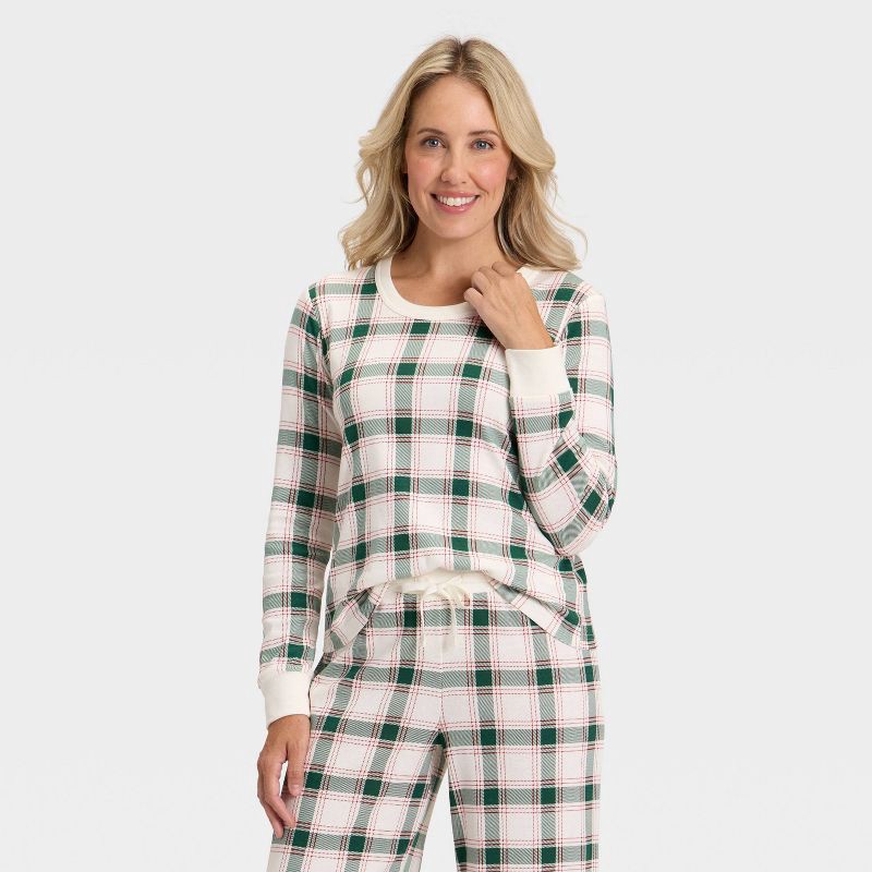 slide 1 of 4, Women's Plaid Ribbed Long Sleeve Holiday Matching Family Pajama Shirt - Wondershop™ Cream XL, 1 ct