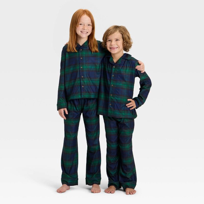 slide 1 of 5, Kids' Plaid Long Sleeve Shirt and Pants Holiday Matching Family Pajama Set - Wondershop™ Navy Blue XS, 1 ct