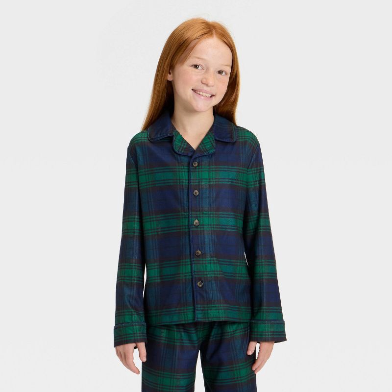 slide 3 of 5, Kids' Plaid Long Sleeve Shirt and Pants Holiday Matching Family Pajama Set - Wondershop™ Navy Blue M, 1 ct