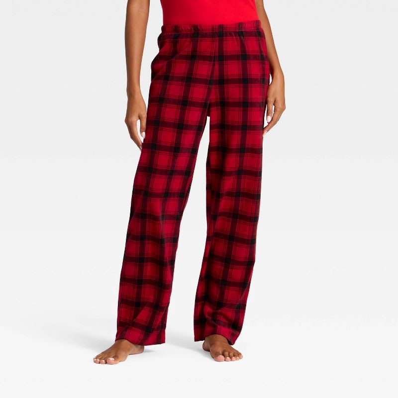 slide 1 of 4, Women's Plaid Microfleece Holiday Matching Family Pajama Pants - Wondershop™ Red/Black L, 1 ct