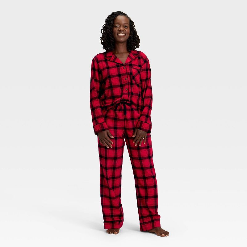slide 1 of 4, Women's Plaid Flannel Long Sleeve Shirt and Pants Holiday Matching Family Pajama Set - Wondershop™ Red/Black S, 1 ct