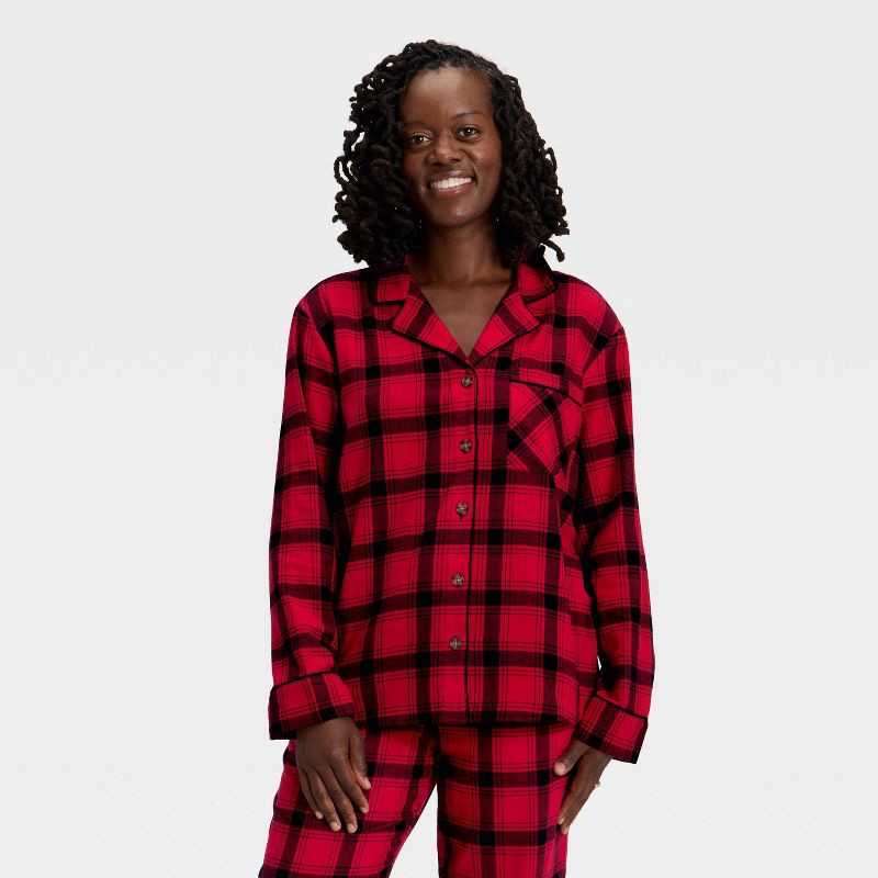 slide 3 of 4, Women's Plaid Flannel Long Sleeve Shirt and Pants Holiday Matching Family Pajama Set - Wondershop™ Red/Black M, 1 ct