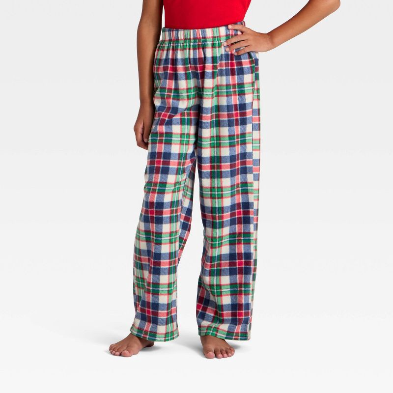 slide 2 of 4, Kids' Plaid Microfleece Holiday Matching Family Pajama Pants - Wondershop™ Cream S, 1 ct