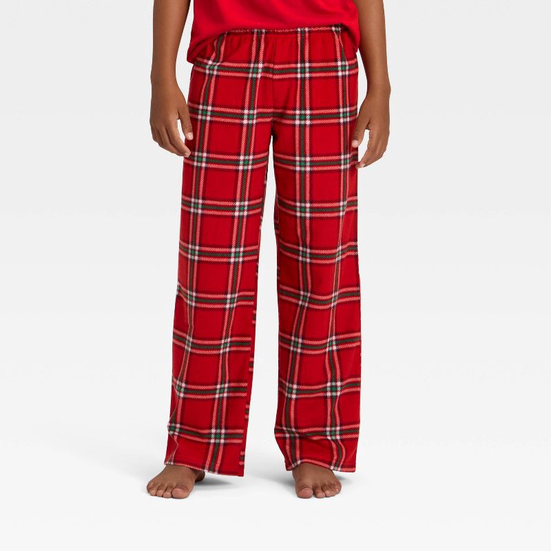 slide 2 of 4, Kids' Plaid Microfleece Holiday Matching Family Pajama Pants - Wondershop™ Red XL, 1 ct