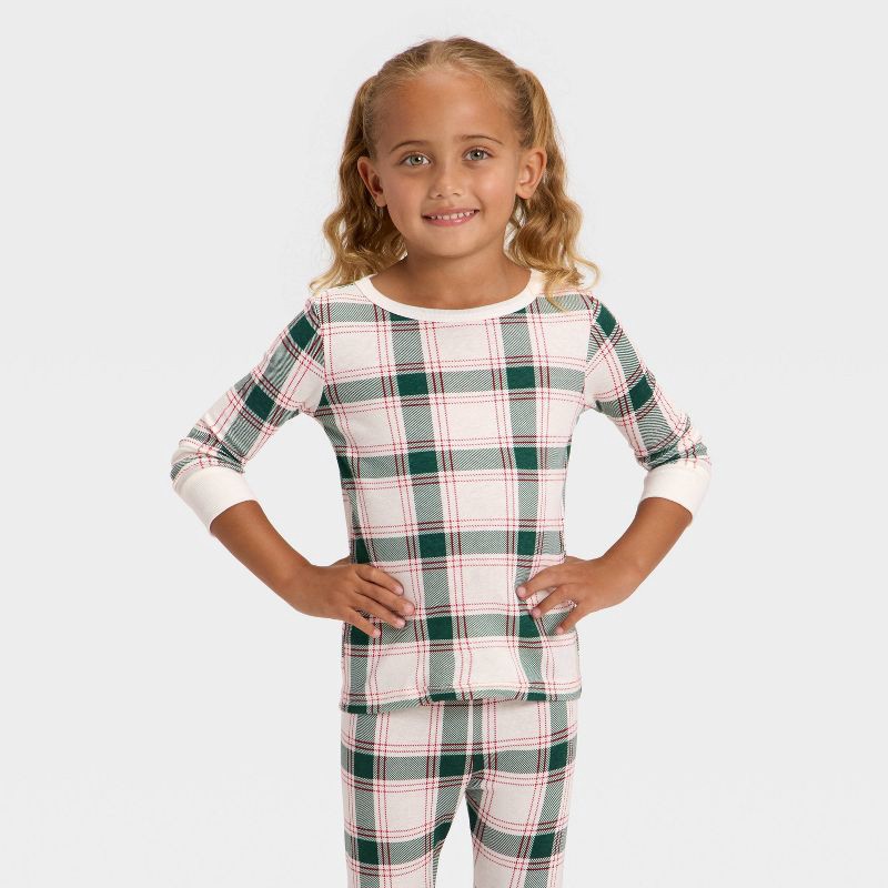 slide 3 of 5, Toddler Plaid Ribbed Long Sleeve Shirt and Pants Holiday Matching Family Pajama Set - Wondershop™ Cream 2T, 1 ct