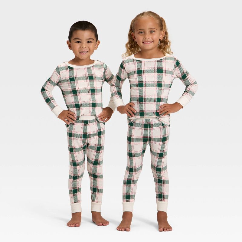 slide 1 of 5, Toddler Plaid Ribbed Long Sleeve Shirt and Pants Holiday Matching Family Pajama Set - Wondershop™ Cream 2T, 1 ct