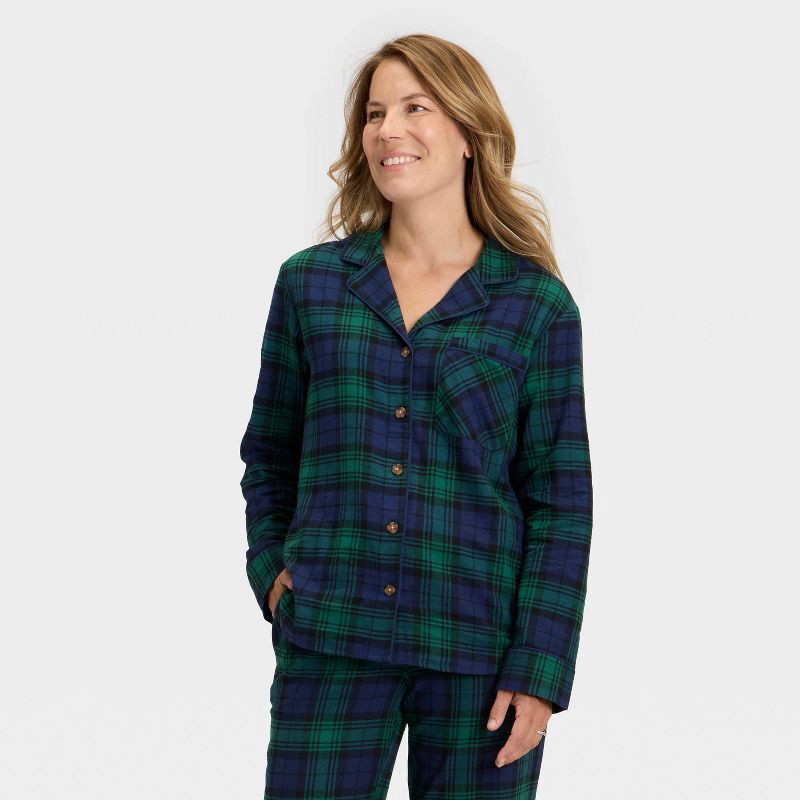 slide 3 of 4, Women's Plaid Flannel Long Sleeve Shirt and Pants Holiday Matching Family Pajama Set - Wondershop™ Navy Blue XL, 1 ct