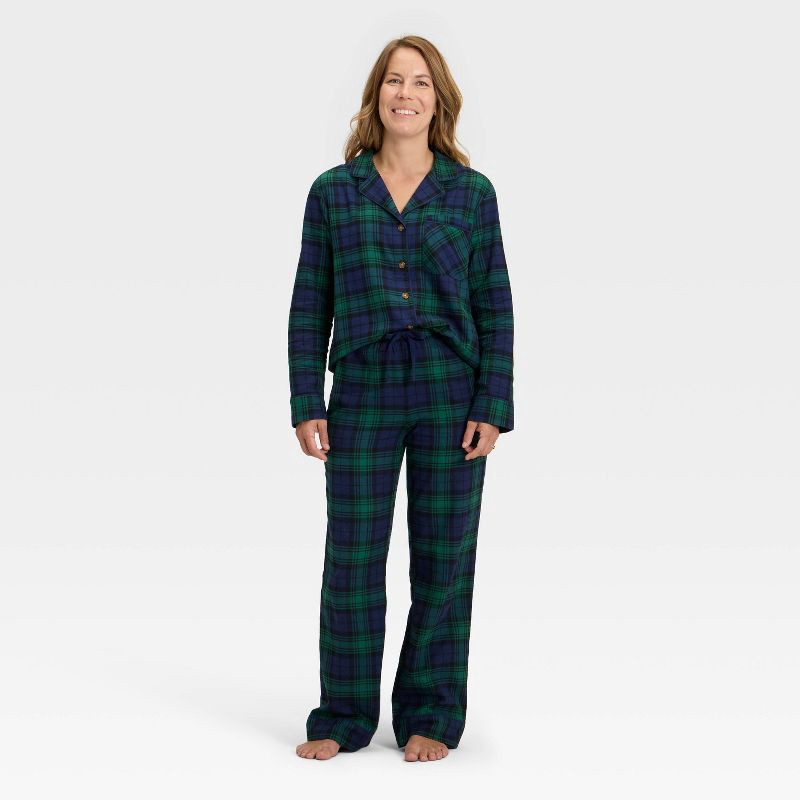 slide 1 of 4, Women's Plaid Flannel Long Sleeve Shirt and Pants Holiday Matching Family Pajama Set - Wondershop™ Navy Blue XL, 1 ct