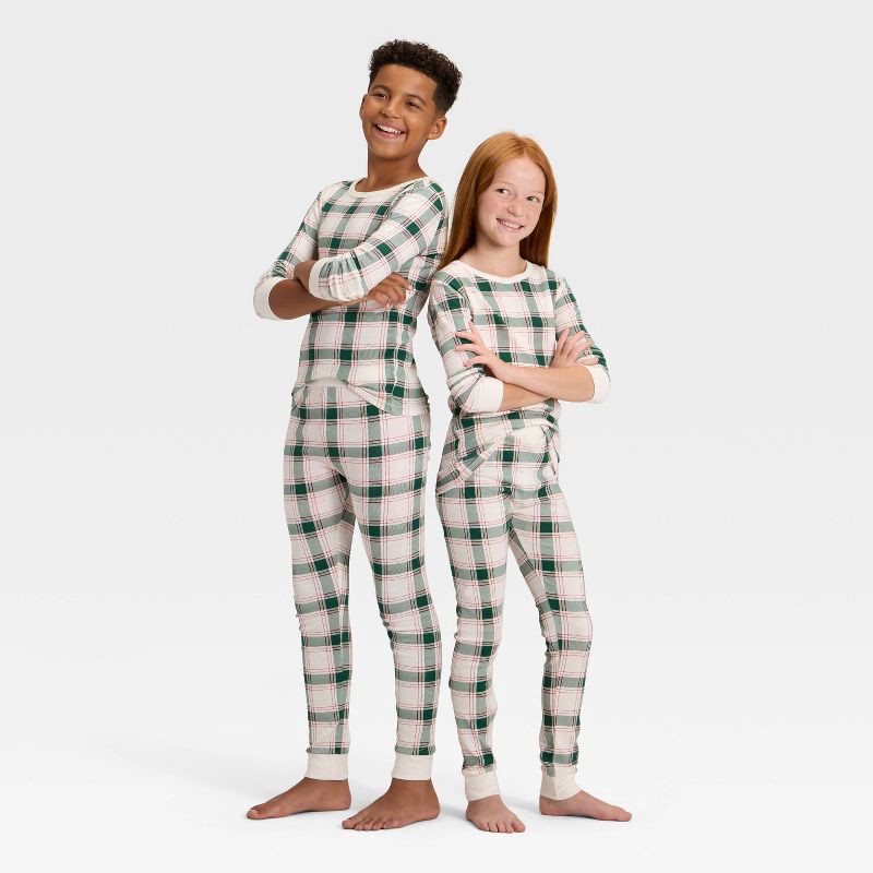 slide 1 of 5, Kids' Plaid Ribbed Long Sleeve Shirt and Pants Holiday Matching Family Pajama Set - Wondershop™ Cream 4, 1 ct