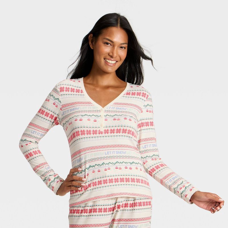 slide 1 of 4, Women's "Let it Snow" Fair Isle Cozy Knit Long Sleeve Henley Holiday Matching Family Pajama Shirt - Wondershop™ Cream XL, 1 ct