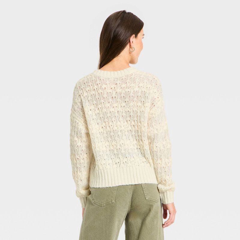 slide 2 of 3, Women's Openwork Slub Crewneck Pullover Sweater - Universal Thread™ Cream Striped S, 1 ct