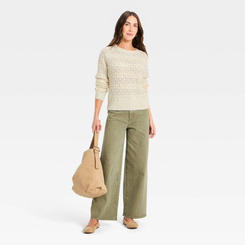 slide 3 of 3, Women's Openwork Slub Crewneck Pullover Sweater - Universal Thread™ Cream Striped S, 1 ct