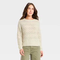 Women's Openwork Slub Crewneck Pullover Sweater - Universal Thread™ Cream Striped S