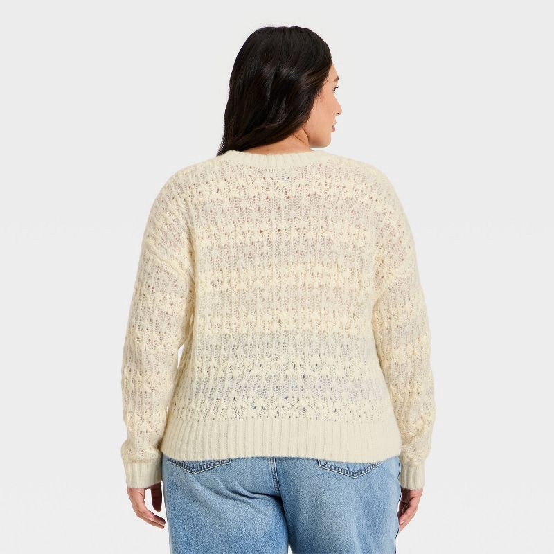 slide 2 of 3, Women's Openwork Slub Crewneck Pullover Sweater - Universal Thread™ Cream Striped XXL, 1 ct