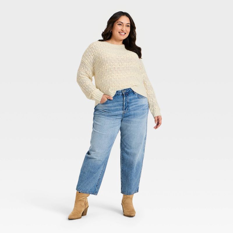 slide 3 of 3, Women's Openwork Slub Crewneck Pullover Sweater - Universal Thread™ Cream Striped XXL, 1 ct