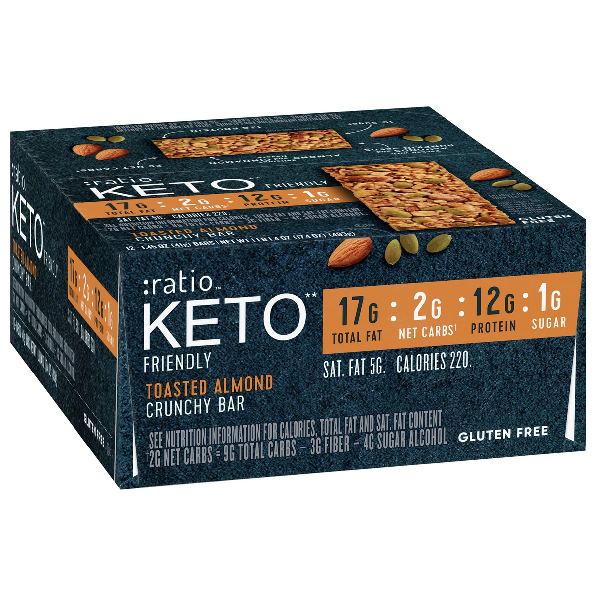 slide 2 of 11, :ratio KETO Friendly Crunchy Bars, Toasted Almond, Gluten Free Snack, 12 ct, 17.4 oz