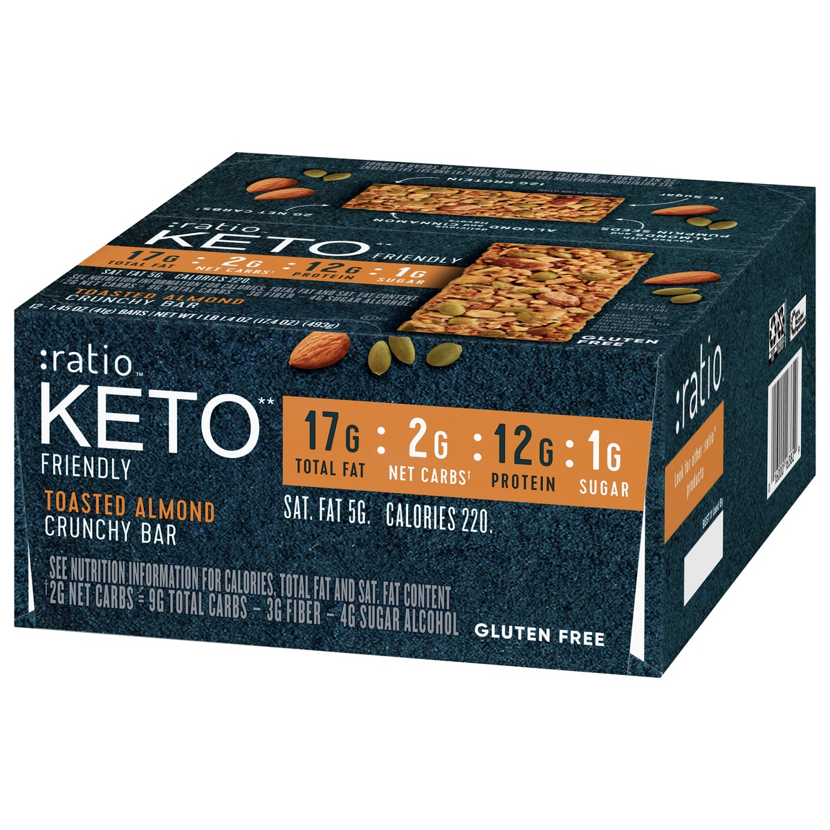 slide 3 of 11, :ratio KETO Friendly Crunchy Bars, Toasted Almond, Gluten Free Snack, 12 ct, 17.4 oz