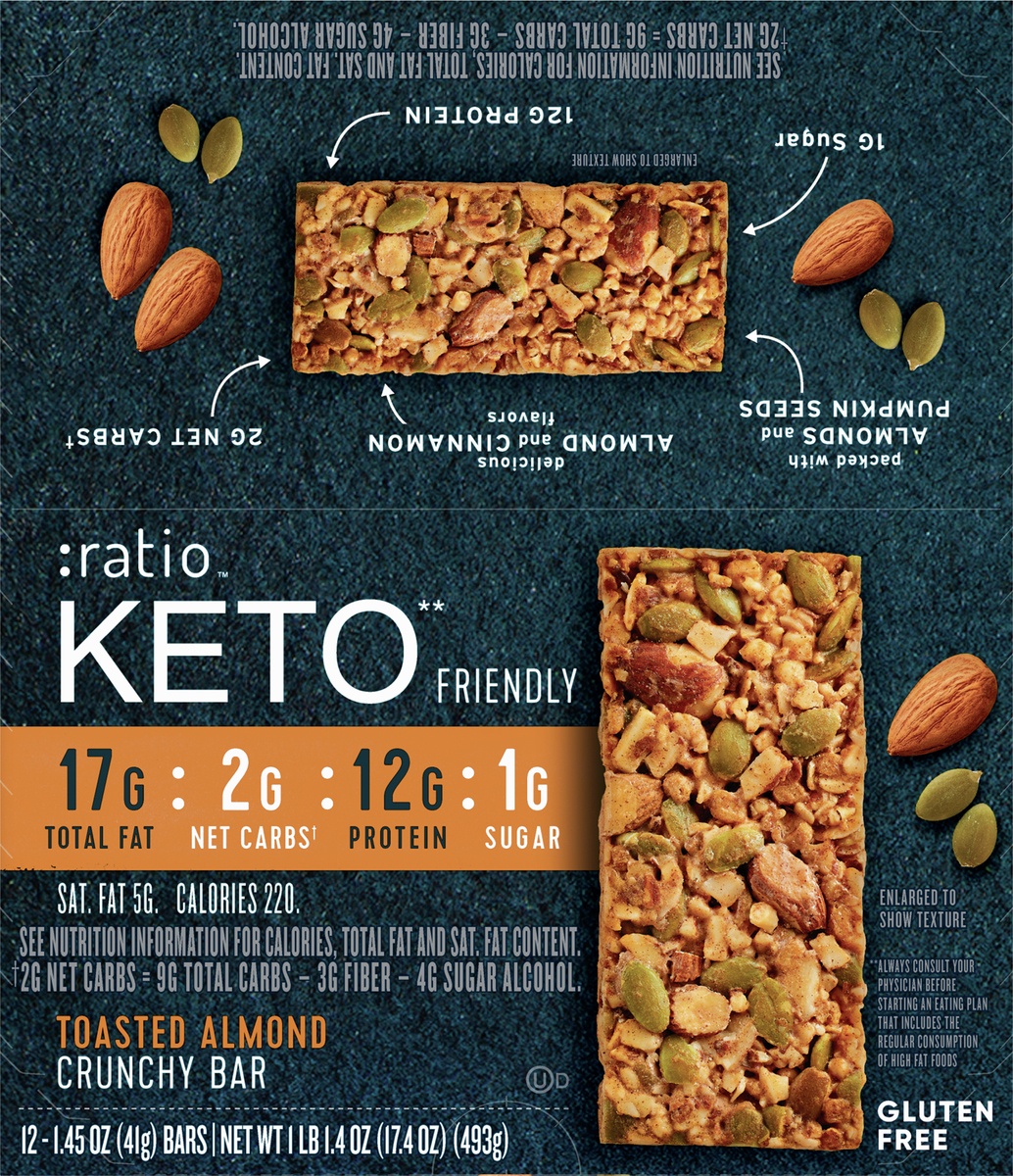 slide 6 of 11, :ratio KETO Friendly Crunchy Bars, Toasted Almond, Gluten Free Snack, 12 ct, 17.4 oz