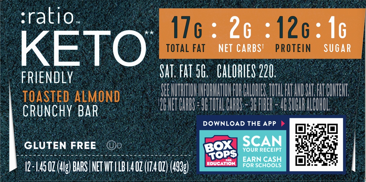 slide 10 of 11, :ratio KETO Friendly Crunchy Bars, Toasted Almond, Gluten Free Snack, 12 ct, 17.4 oz