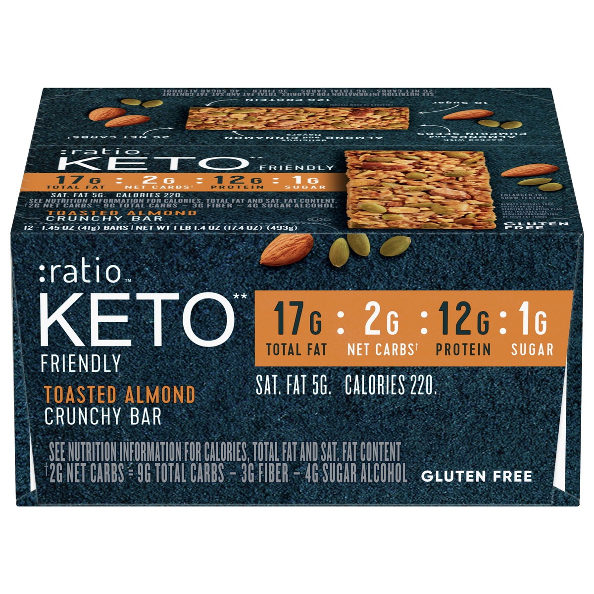 slide 11 of 11, :ratio KETO Friendly Crunchy Bars, Toasted Almond, Gluten Free Snack, 12 ct, 17.4 oz