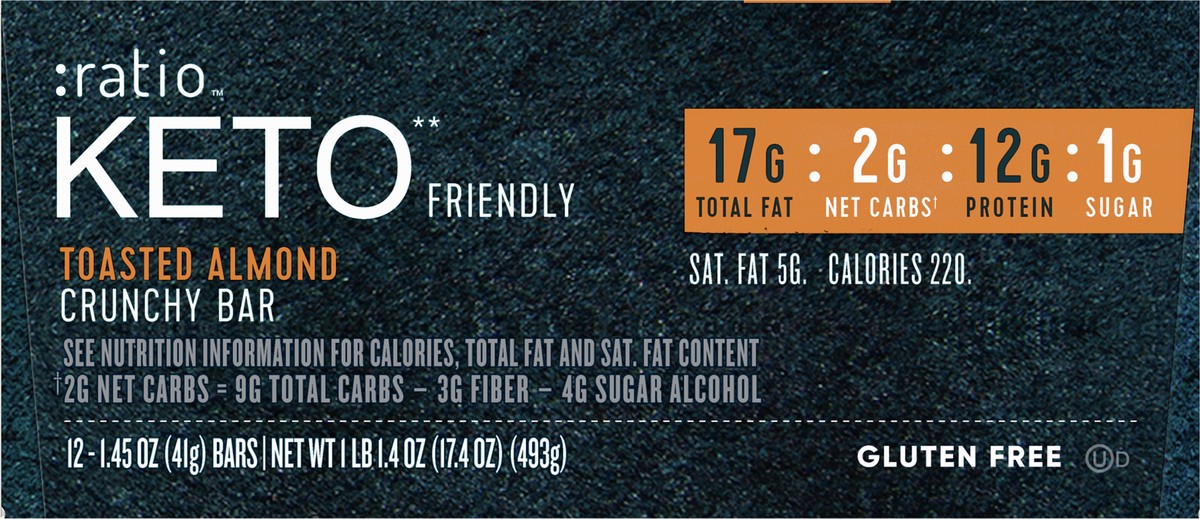 slide 6 of 12, :ratio KETO Friendly Crunchy Bars, Toasted Almond, Gluten Free Snack, 12 ct, 12 ct